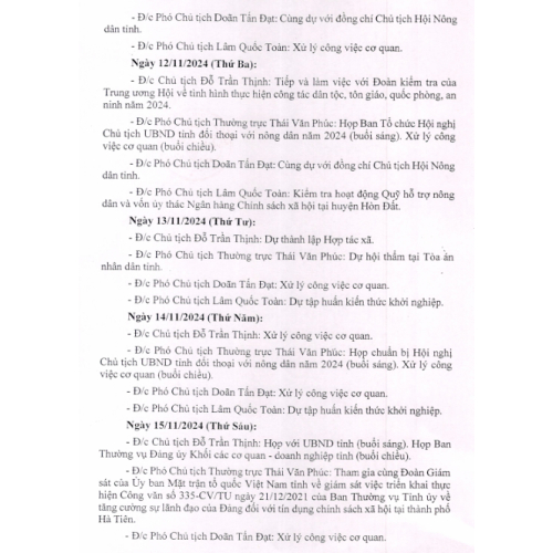 Lịch Làm Việc Của Thường Trực Hội Nông Dân Tỉnh Kiên Giang (01/11 - 15/11/2024)